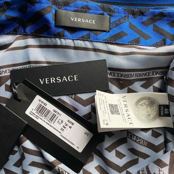 Versace Blue Silk Short Sleeve Shirt in Greca Signature Sapphire/Black - Picture 2 of 2